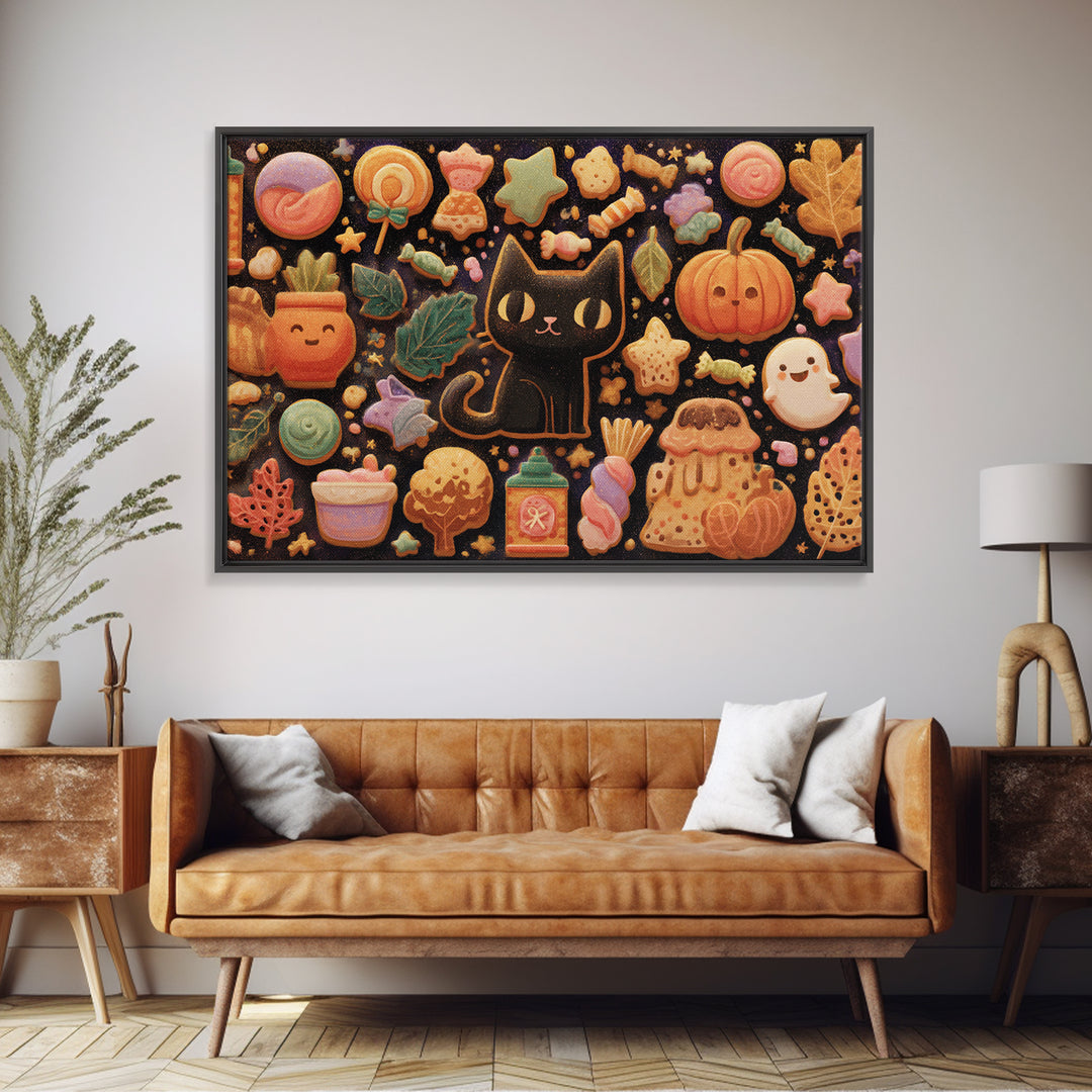 The Black Cat Baker, Kawaii Halloween Art, Landscape Wall Art, Framed Canvas Print, Cute Halloween Wall Art