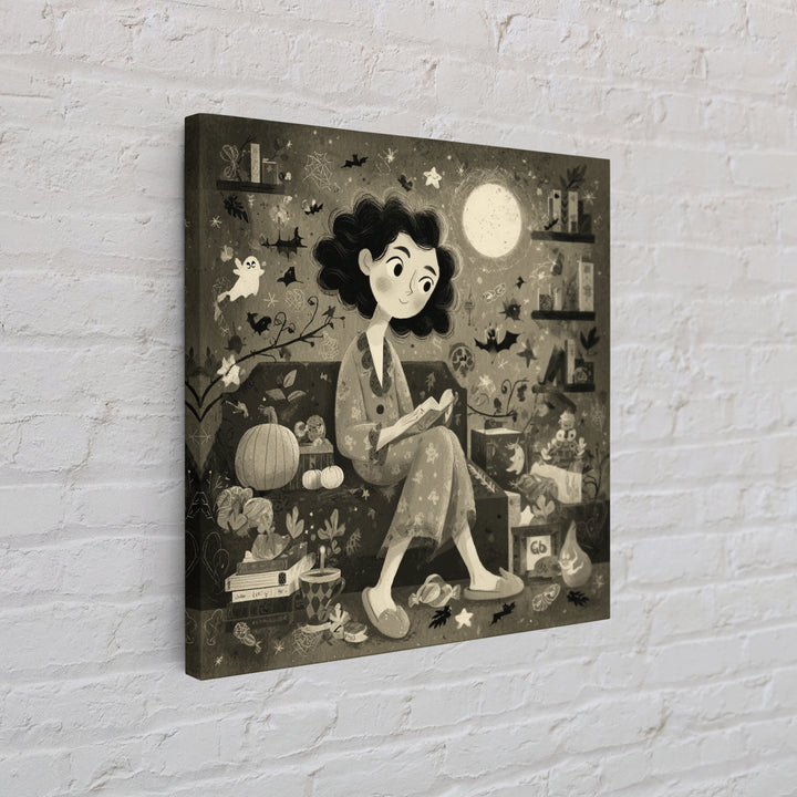 The Moonlight Pajama Witch, Retro Halloween Art, Square Wall Art, Canvas Print, Cute Halloween Wall Art