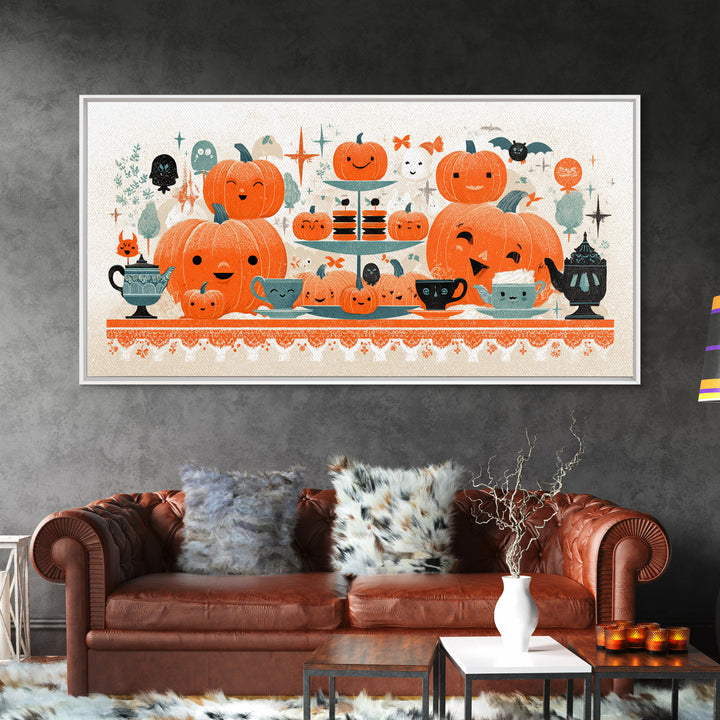 The Pumpkin Tea Party, Screenprint Halloween Art, Wide Panoramic Art, Framed Canvas Print, Cute Halloween Wall Art