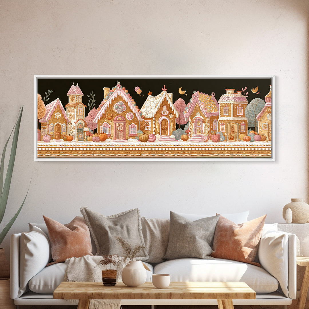 The Halloween Gingerbread Village, Folk Halloween Art, Extra Wide Wall Art, Canvas Print, Cute Halloween Wall Art, Storybook Decor