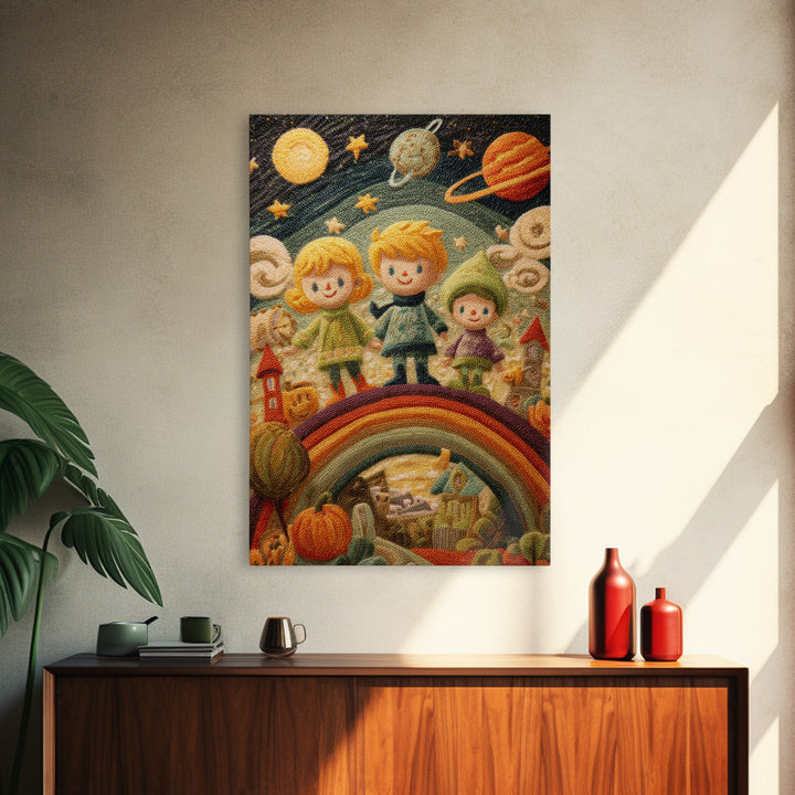 The Parade Across The Stars, Embroidered Halloween Art, Vertical Wall Art, Canvas Print, Cute Halloween Wall Art