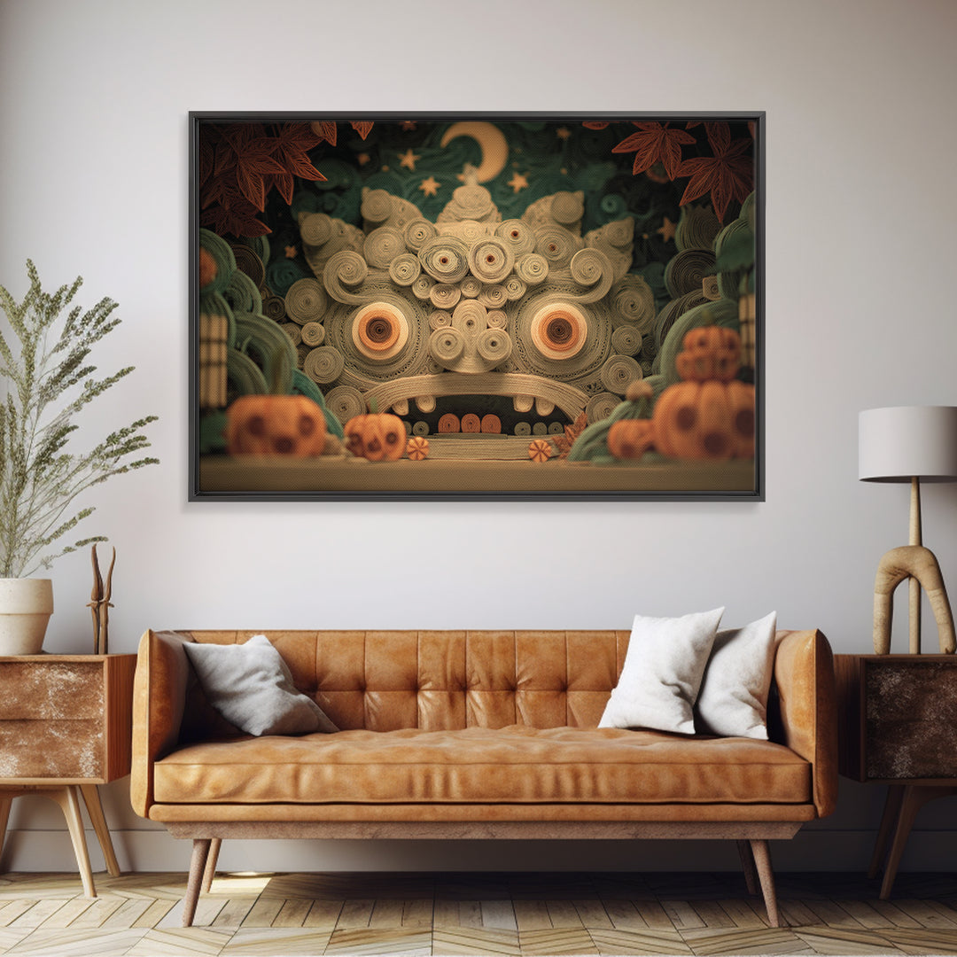 The Custodian Of The Whispering Idol, Quilled Halloween Art, Landscape Wall Art, Framed Canvas Print, Cute Halloween Wall Art