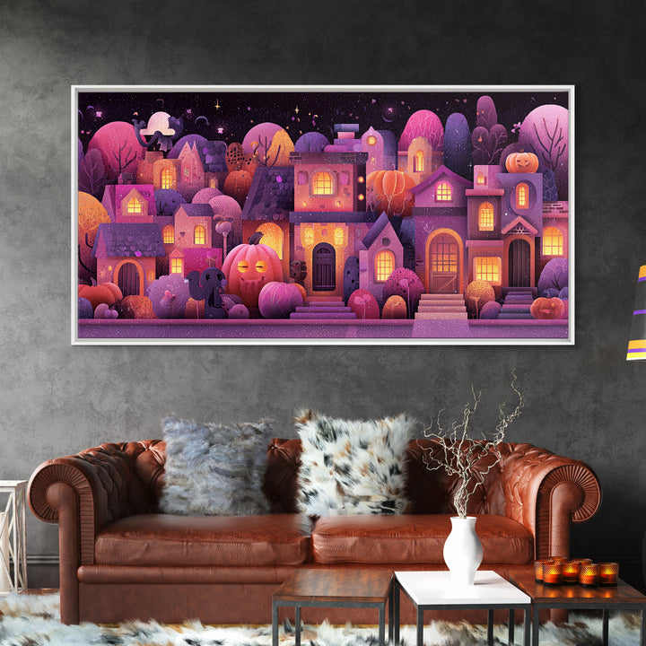 Pumpkin Cottage Lane, Vaporwave Halloween Art, Wide Panoramic Art, Framed Canvas Print, Cute Halloween Wall Art