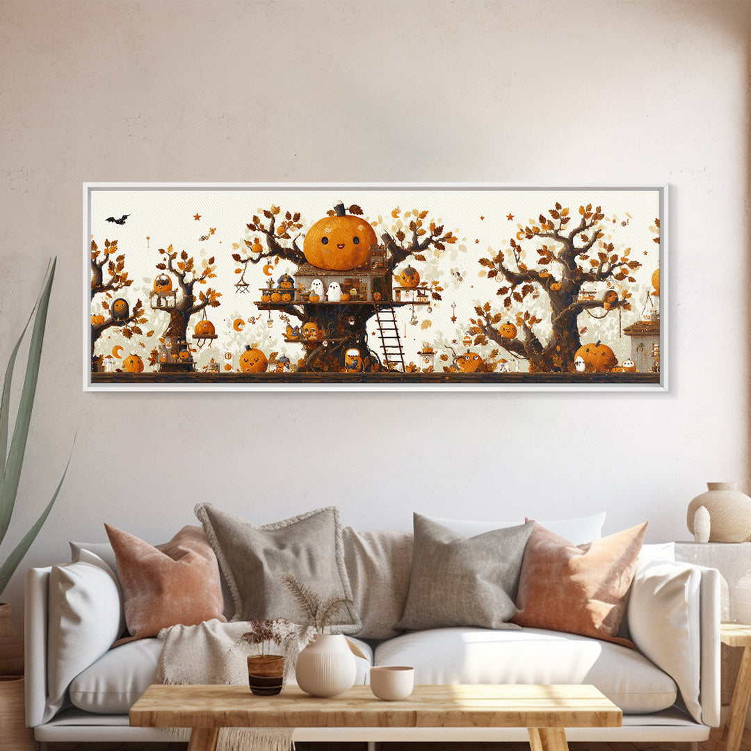 The Pumpkin Treehouse, Pixel Halloween Art, Extra Wide Wall Art, Canvas Print, Cute Halloween Wall Art