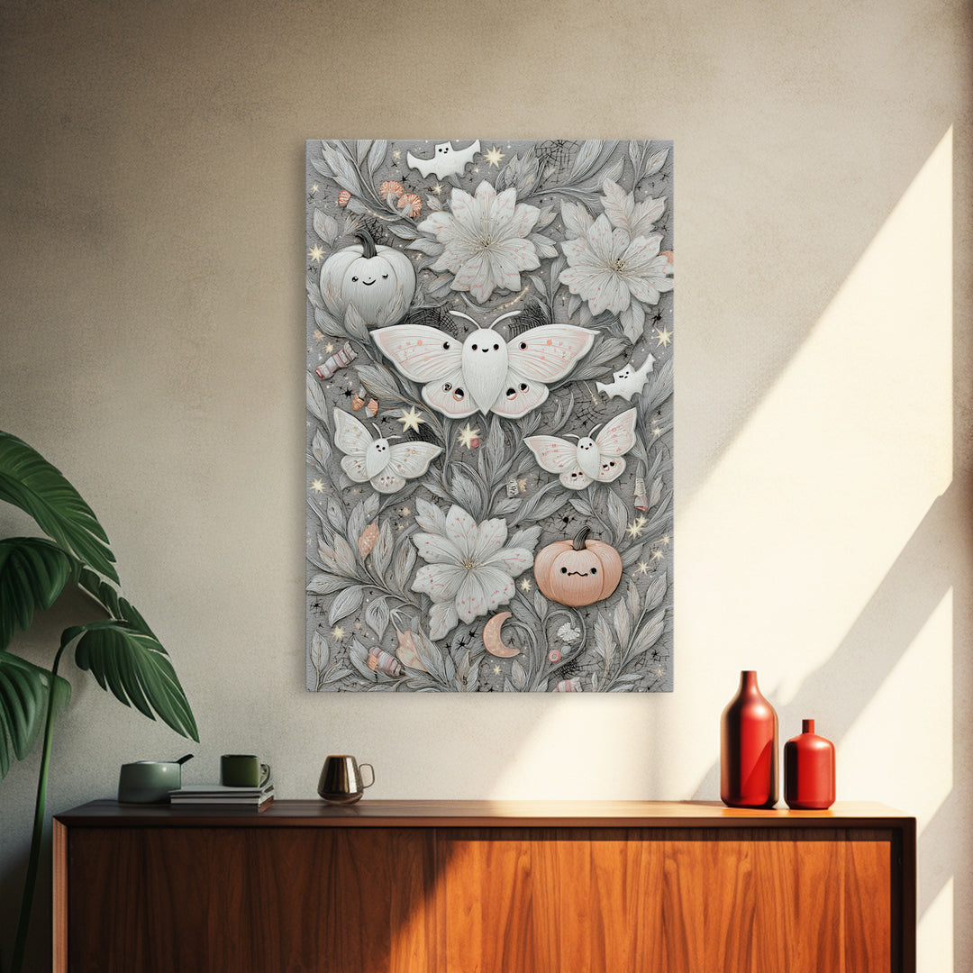 The Moon-Moth Garden, Hand Sketch Halloween Art, Vertical Wall Art, Canvas Print, Cute Halloween Wall Art