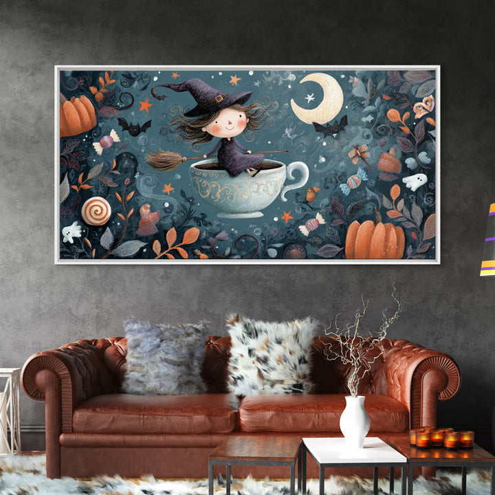 The Teacup Witch, Crayon Halloween Art, Wide Panoramic Art, Framed Canvas Print, Cute Halloween Wall Art