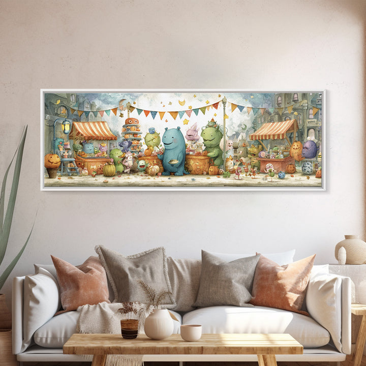 The Friendly Monster Market, Pastel Halloween Art, Extra Wide Wall Art, Canvas Print, Cute Halloween Wall Art