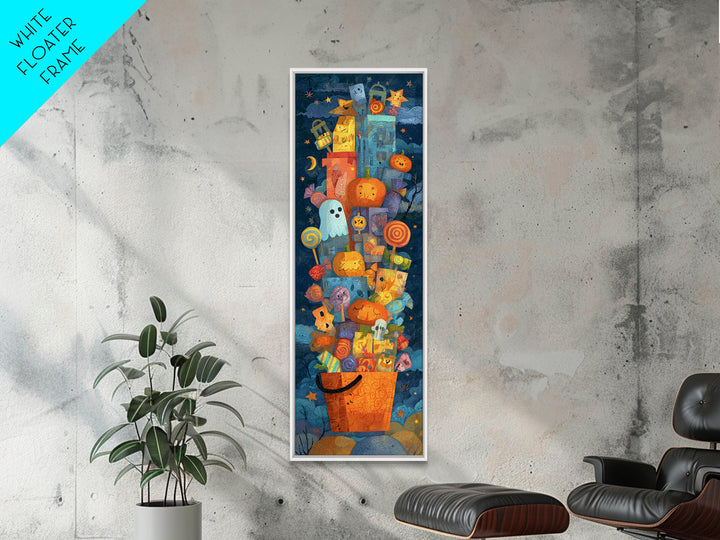 The Candy Basket Sleepover, Paper Collage Halloween, Tall Narrow Wall Art, Framed Canvas Print, Cute Halloween Wall Art