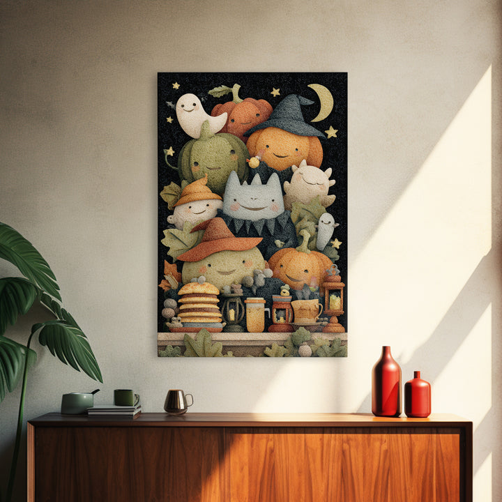 The Pumpkin Pancake Breakfast, Felt Halloween Art, Vertical Wall Art, Canvas Print, Cute Halloween Wall Art
