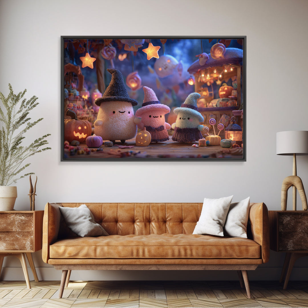 The Magical Costume Workshop, Clay Halloween Art, Landscape Wall Art, Framed Canvas Print, Cute Halloween Wall Art