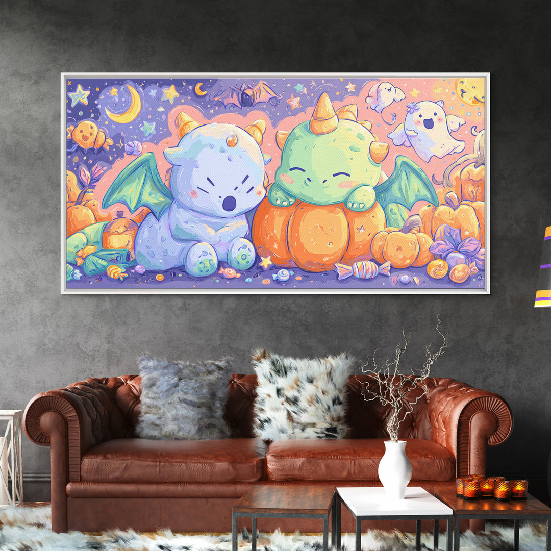 The Sleepy Costume Dragon, Kawaii Halloween Art, Wide Panoramic Art, Framed Canvas Print, Cute Halloween Wall Art