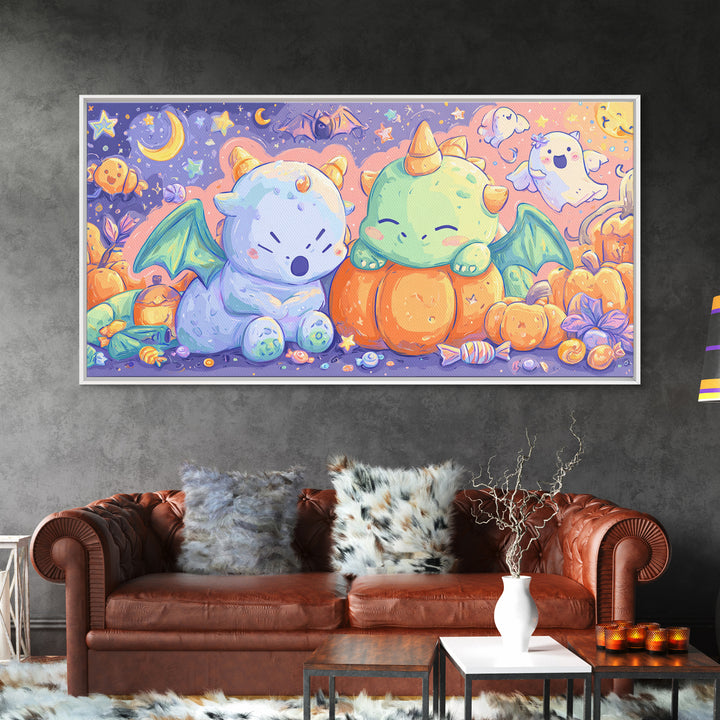 The Sleepy Costume Dragon, Kawaii Halloween Art, Wide Panoramic Art, Framed Canvas Print, Cute Halloween Wall Art