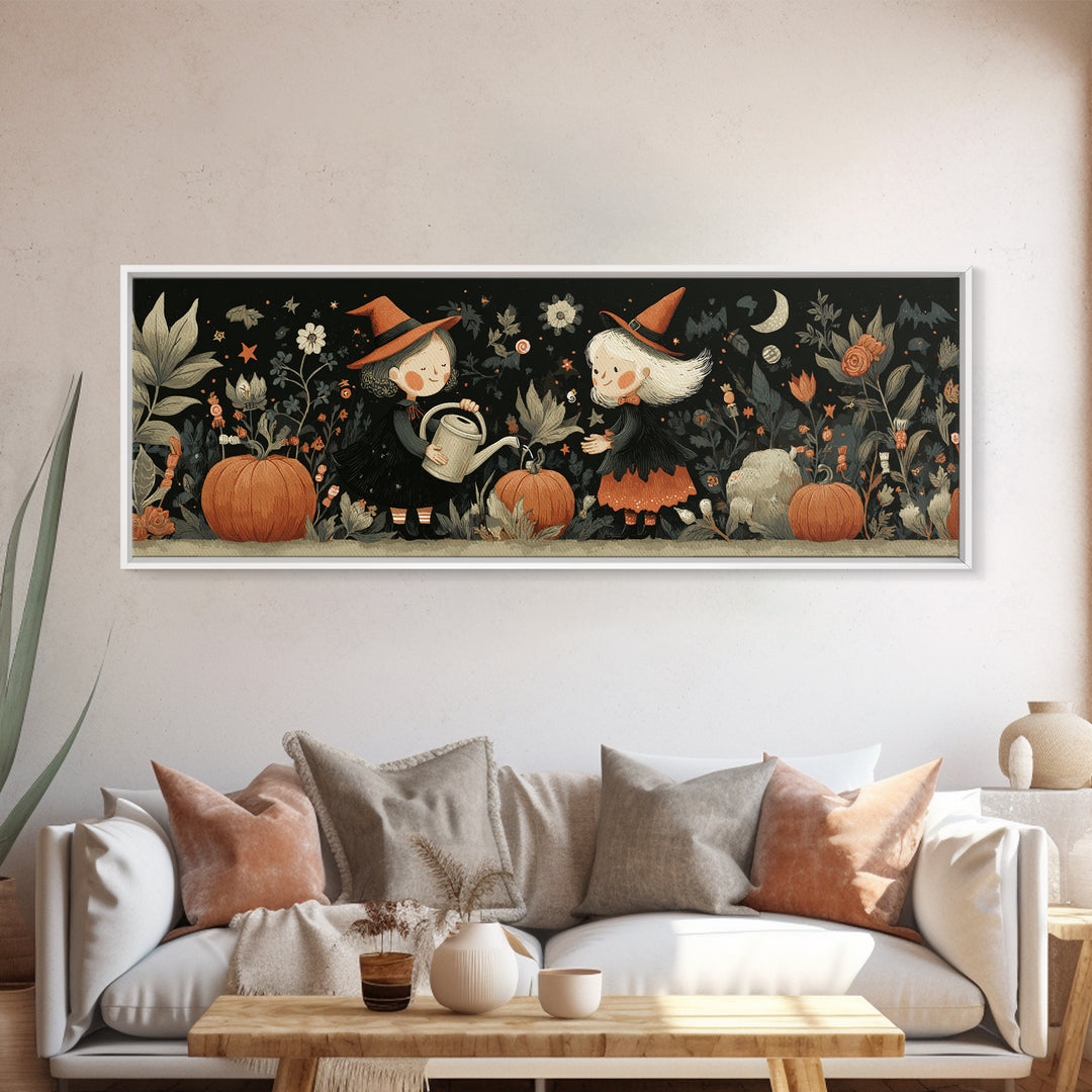 The Moon Garden Witch, Retro Halloween Art, Extra Wide Wall Art, Canvas Print, Cute Halloween Wall Art