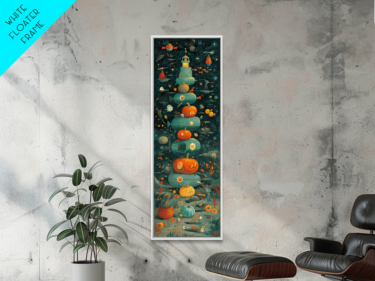 The Pumpkin Submarine, Screenprint Halloween Art, Tall Narrow Wall Art, Framed Canvas Print, Cute Halloween Wall Art