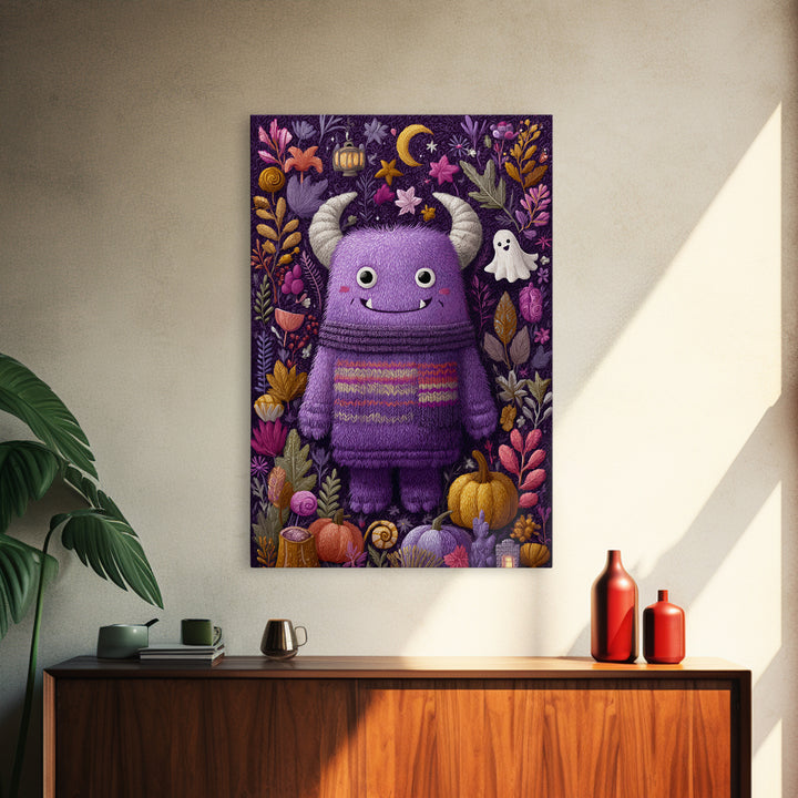 The Fuzzy Purple Monster, Folk Halloween Art, Vertical Wall Art, Canvas Print, Cute Halloween Wall Art
