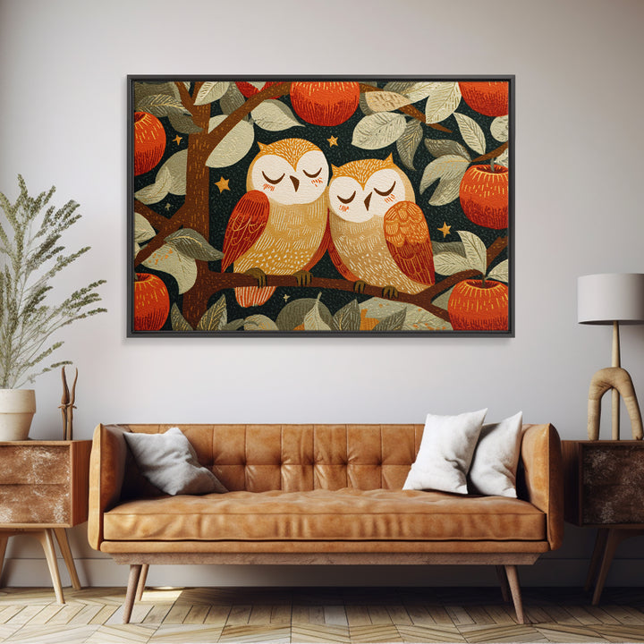 The Sleepy Owl Orchard, Linocut Halloween Art, Landscape Wall Art, Framed Canvas Print, Cute Halloween Wall Art