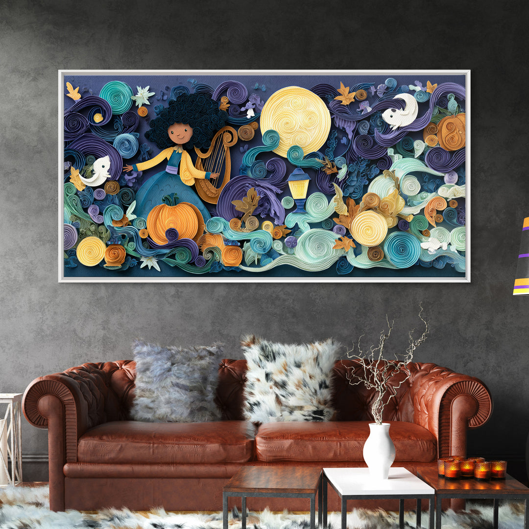 The Harpist Of Abyssal Sleep, Quilled Halloween Art, Wide Panoramic Art, Framed Canvas Print, Cute Halloween Wall Art