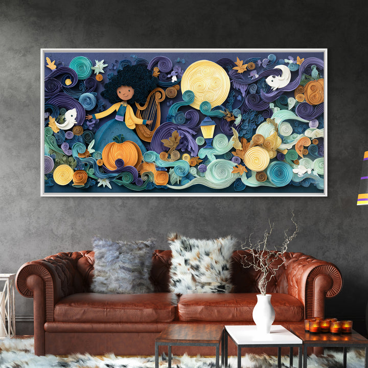 The Harpist Of Abyssal Sleep, Quilled Halloween Art, Wide Panoramic Art, Framed Canvas Print, Cute Halloween Wall Art