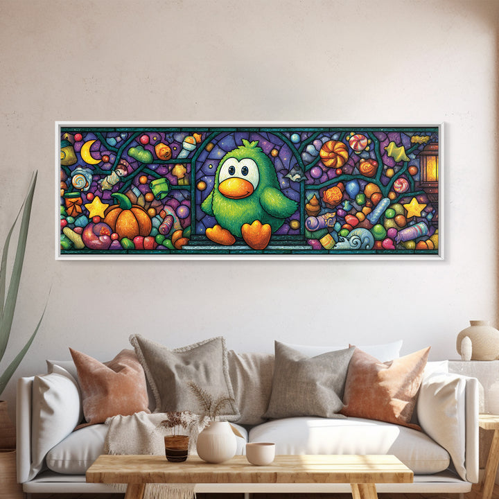 The Penguin Monster, Stained Glass Halloween, Extra Wide Wall Art, Canvas Print, Cute Halloween Wall Art