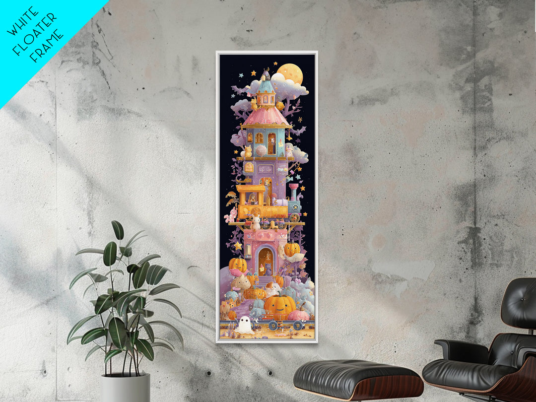 The Pumpkin Train Station, Vaporwave Halloween Art, Tall Narrow Wall Art, Framed Canvas Print, Cute Halloween Wall Art