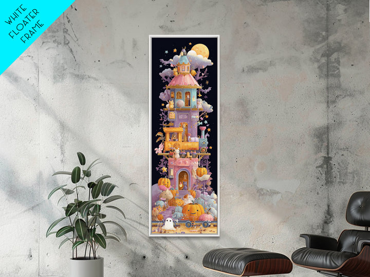 The Pumpkin Train Station, Vaporwave Halloween Art, Tall Narrow Wall Art, Framed Canvas Print, Cute Halloween Wall Art