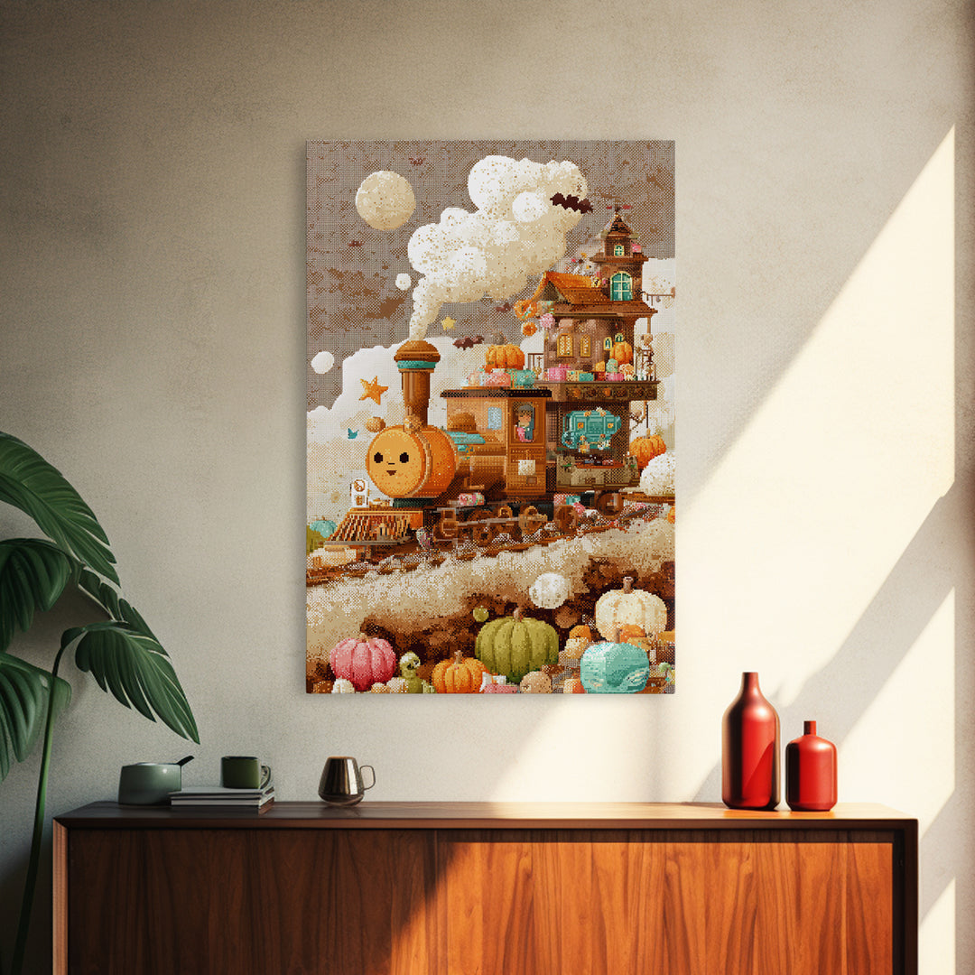 The Chocolate Pumpkin Train, Pixel Halloween Art, Vertical Wall Art, Canvas Print, Cute Halloween Wall Art