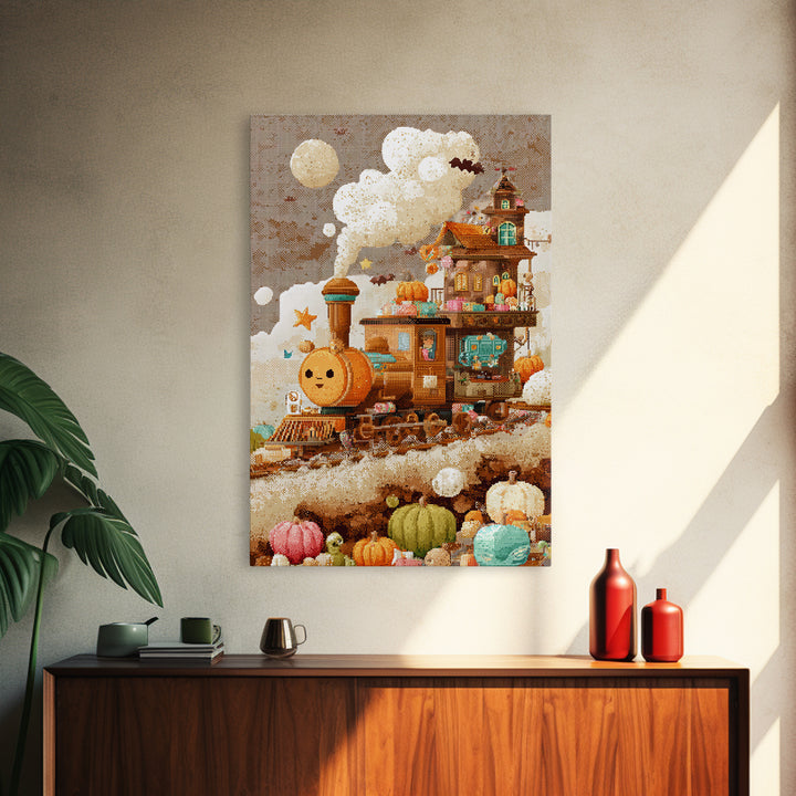 The Chocolate Pumpkin Train, Pixel Halloween Art, Vertical Wall Art, Canvas Print, Cute Halloween Wall Art