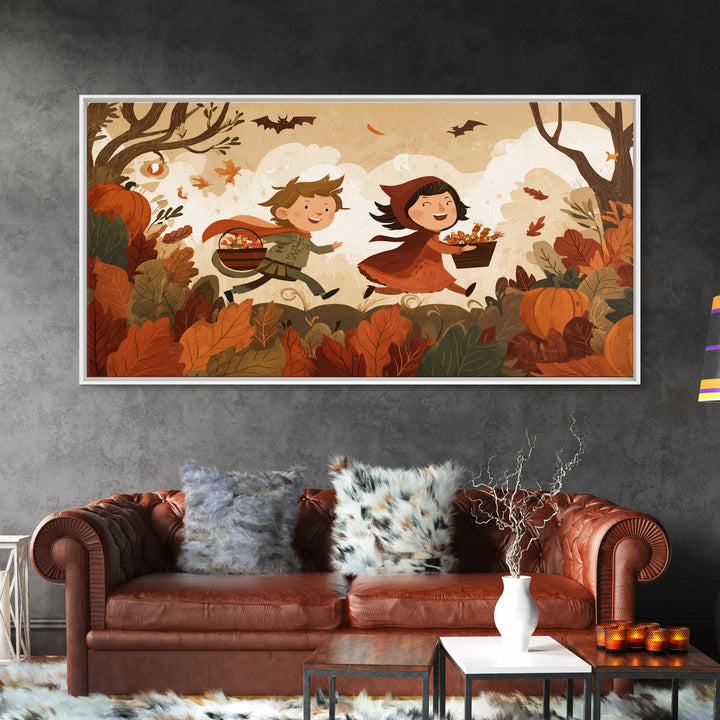 The Candy Bucket Relay Race, Vector Halloween Art, Landscape Wall Art, Framed Canvas Print, Cute Halloween Wall Art, Storybook Decor