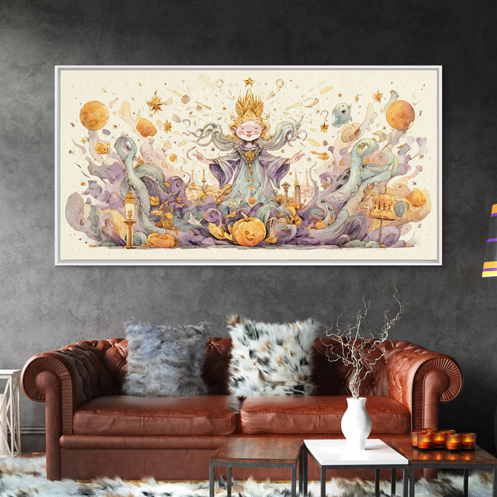The Crown Of The Tentacled Saint, Watercolor Halloween Art, Wide Panoramic Art, Framed Canvas Print, Cute Halloween Wall Art