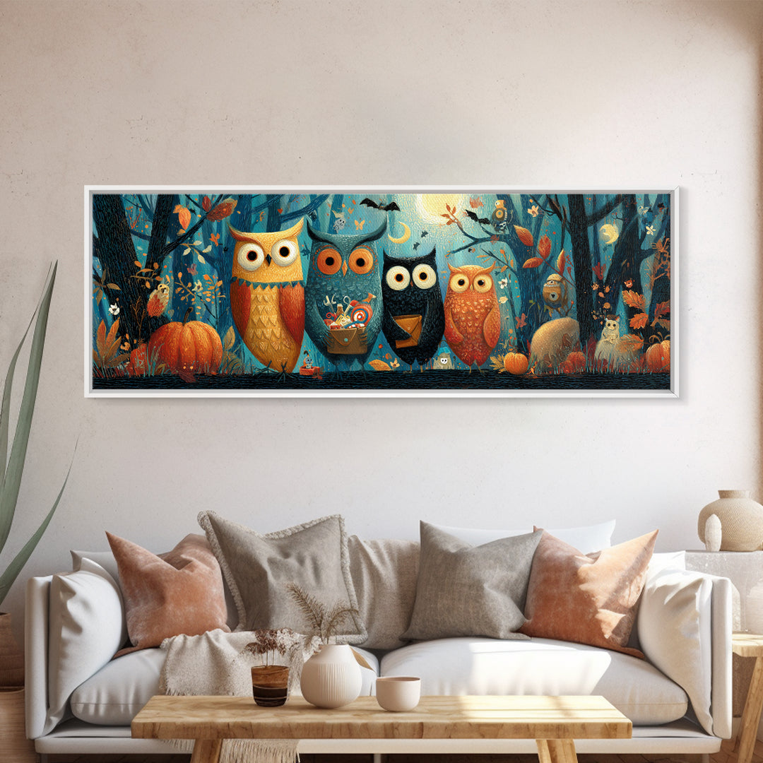 The Owl Postmaster, Gouache Halloween Art, Extra Wide Wall Art, Canvas Print, Cute Halloween Wall Art