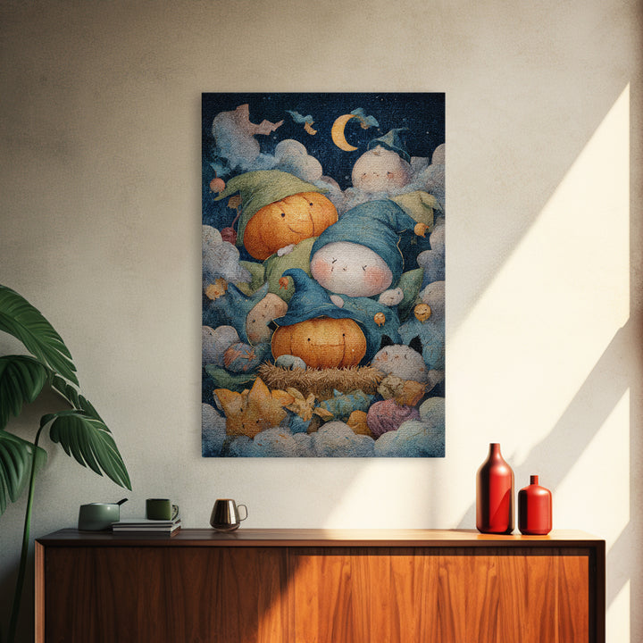 The Pumpkin Pajama Party, Pastel Halloween Art, Vertical Wall Art, Canvas Print, Cute Halloween Wall Art