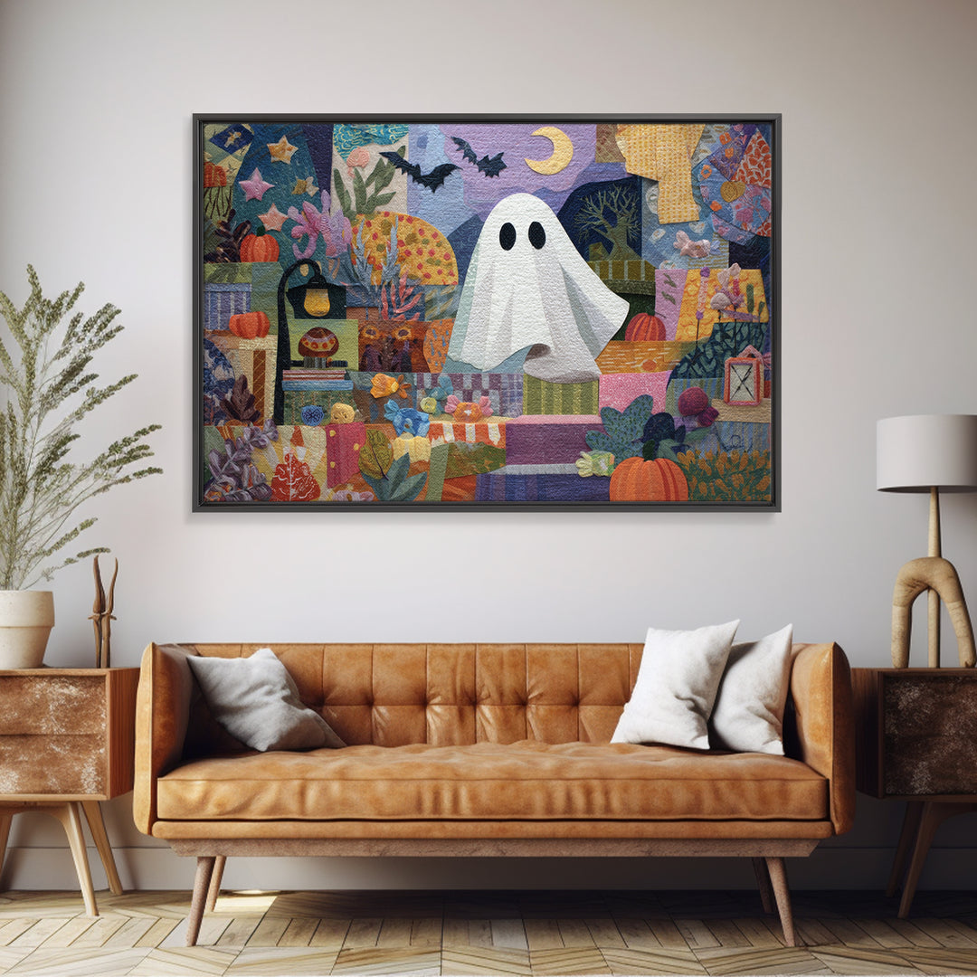 The Sleepy Blanket Ghost, Paper Collage Halloween, Landscape Wall Art, Framed Canvas Print, Cute Halloween Wall Art