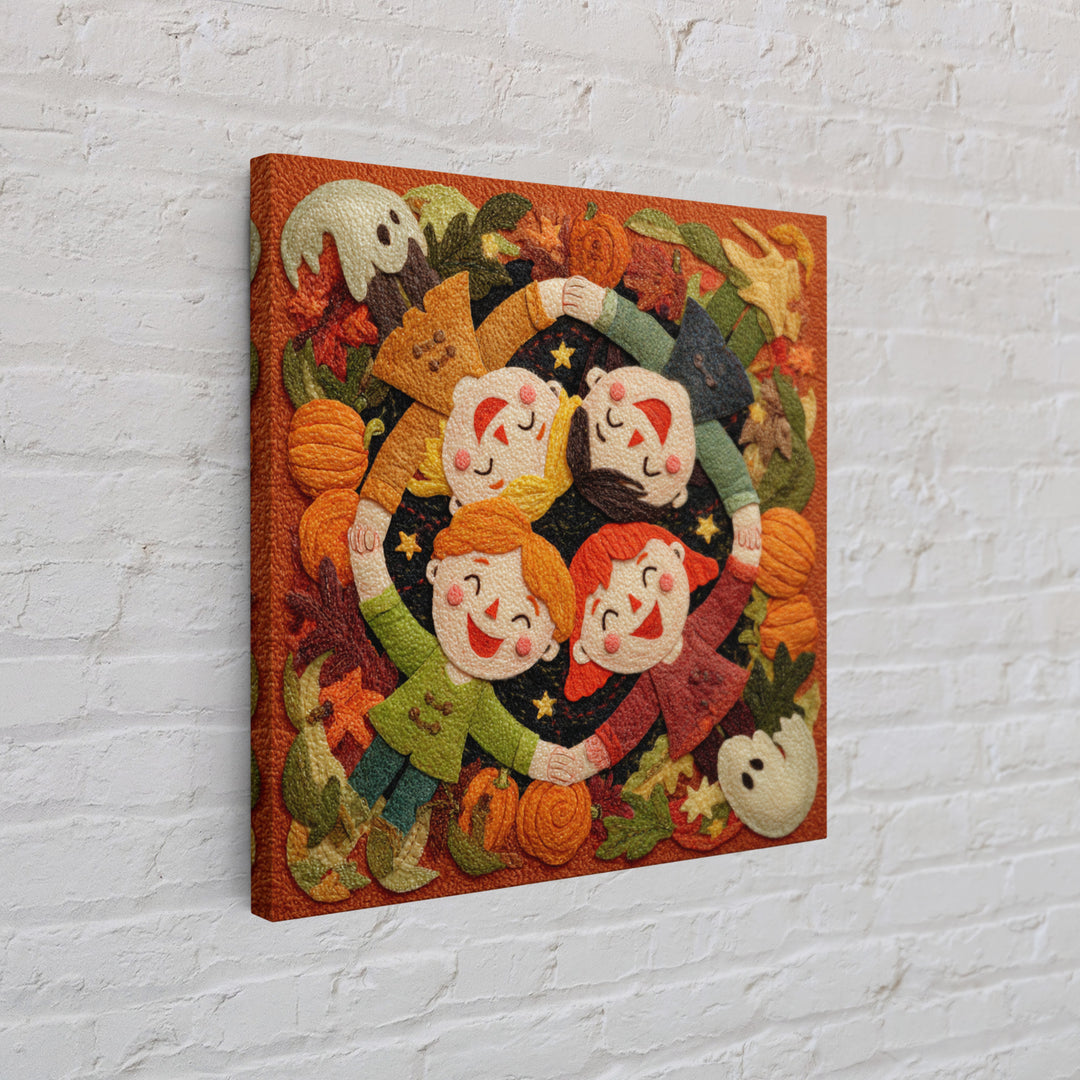 The Dancing Autumn Leaves, Felt Halloween Art, Square Wall Art, Canvas Print, Cute Halloween Wall Art