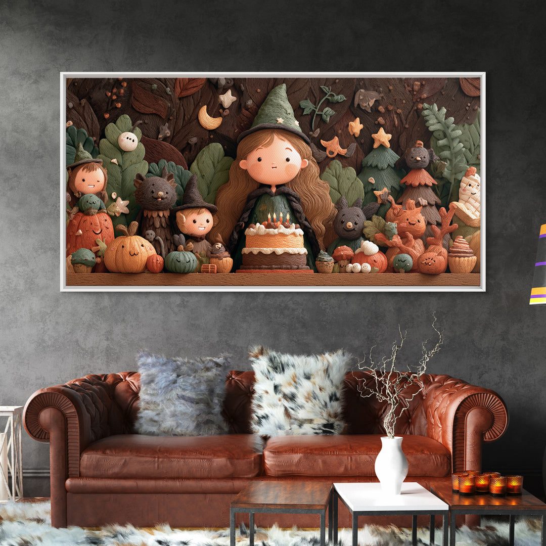 October'S Birthday Party, Clay Halloween Art, Wide Panoramic Art, Framed Canvas Print, Cute Halloween Wall Art