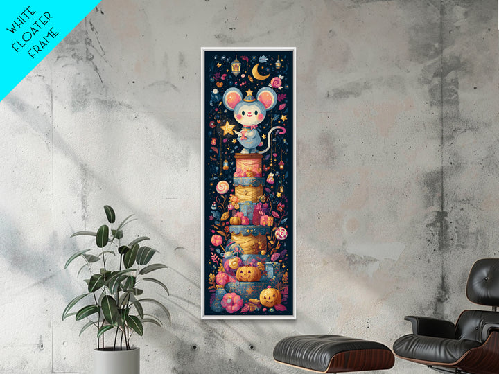The Magician Mouse, Kawaii Halloween Art, Tall Narrow Wall Art, Framed Canvas Print, Cute Halloween Wall Art