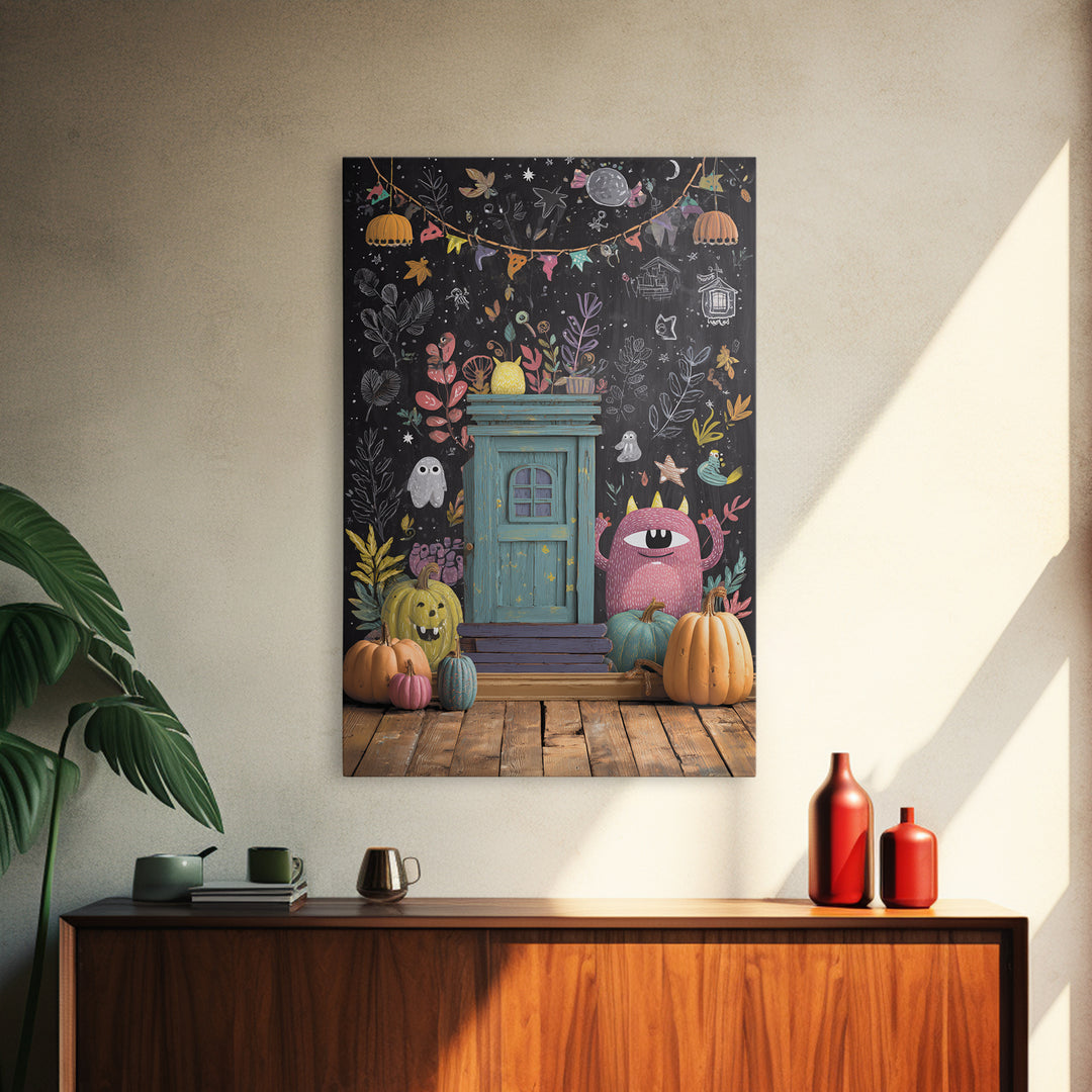 The Little Monster School, Retro Halloween Art, Vertical Wall Art, Canvas Print, Cute Halloween Wall Art