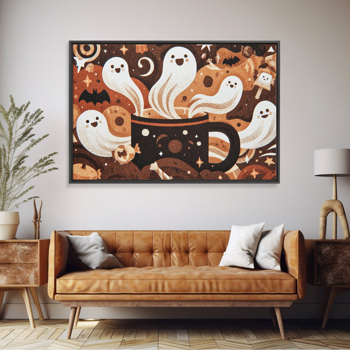 The Marshmallow Ghost Choir, Screenprint Halloween Art, Landscape Wall Art, Framed Canvas Print, Cute Halloween Wall Art