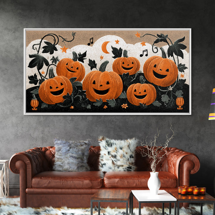 The Singing Pumpkin Patch, Linocut Halloween Art, Wide Panoramic Art, Framed Canvas Print, Cute Halloween Wall Art