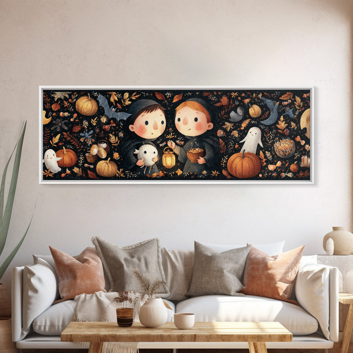 The Child Who Caught A Moon-Spawn, Embroidered Halloween Art, Extra Wide Wall Art, Canvas Print, Cute Halloween Wall Art