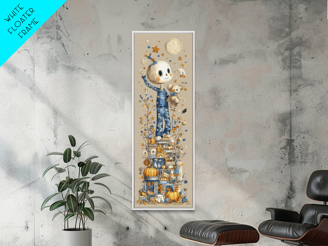 The Pajama Skeleton, Quilled Halloween Art, Tall Narrow Wall Art, Framed Canvas Print, Cute Halloween Wall Art