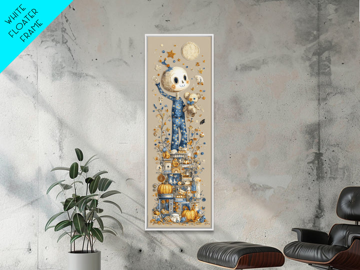 The Pajama Skeleton, Quilled Halloween Art, Tall Narrow Wall Art, Framed Canvas Print, Cute Halloween Wall Art