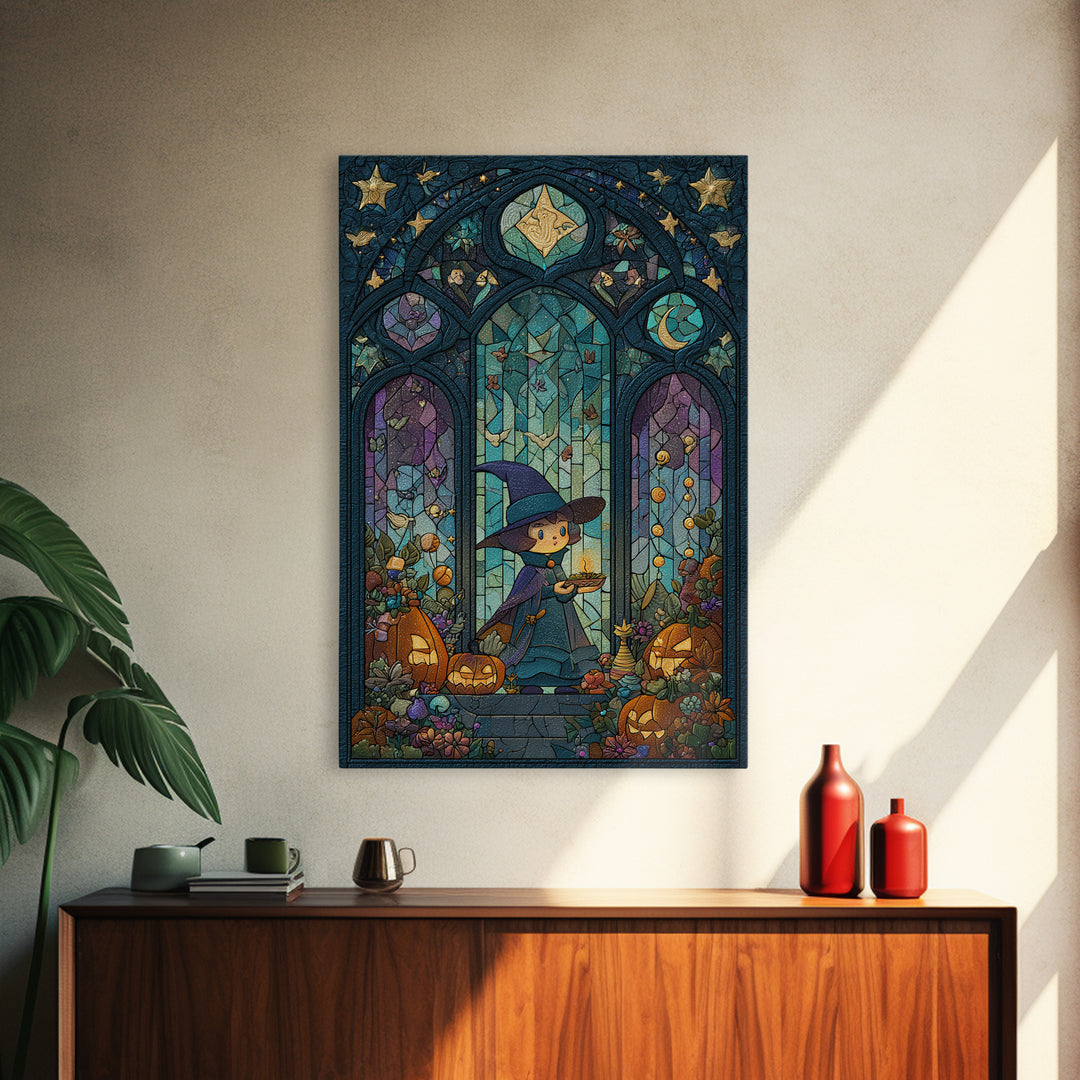 The Tiny Hat Shop Witch, Stained Glass Halloween, Vertical Wall Art, Canvas Print, Cute Halloween Wall Art