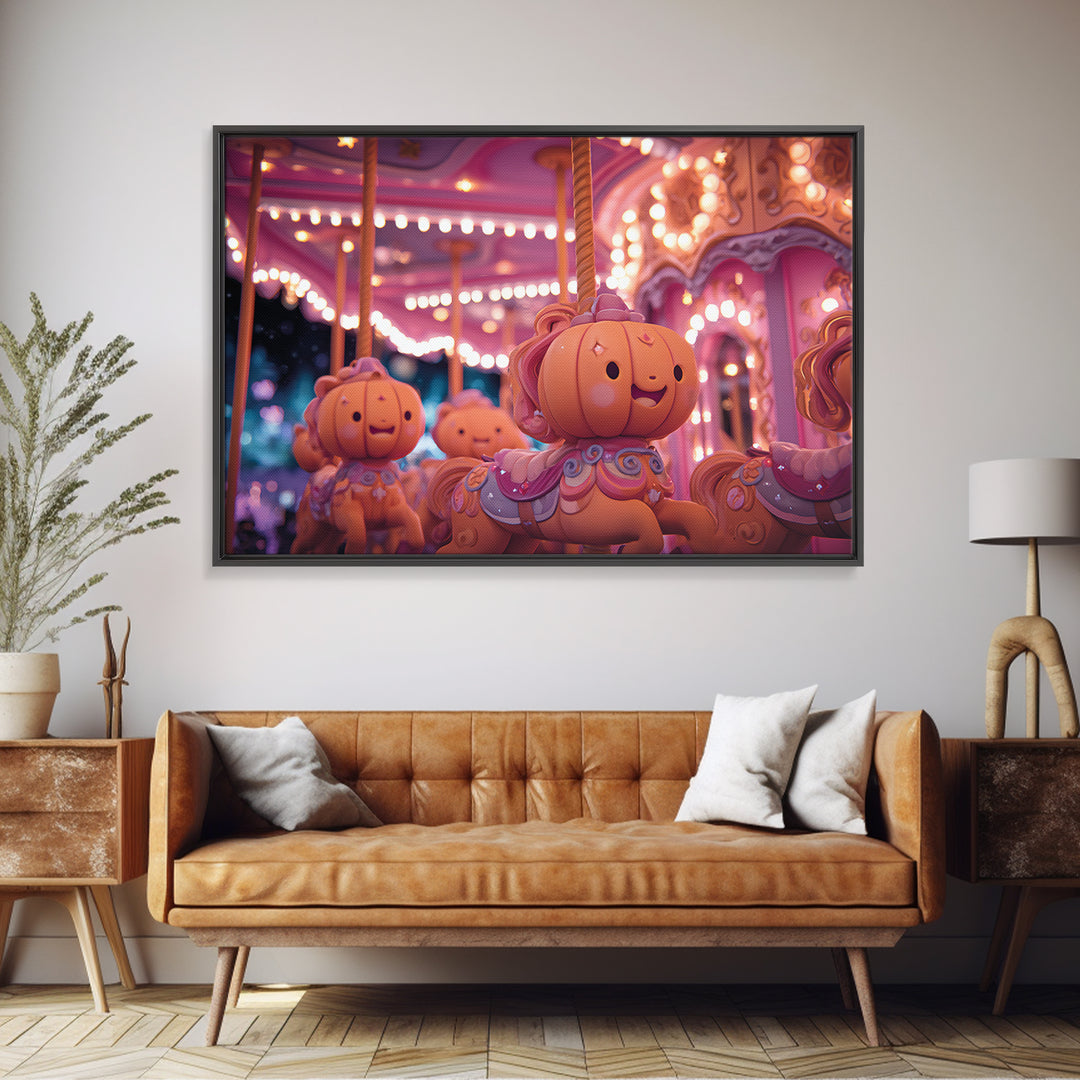 The Pumpkin Carousel, Vaporwave Halloween Art, Landscape Wall Art, Framed Canvas Print, Cute Halloween Wall Art