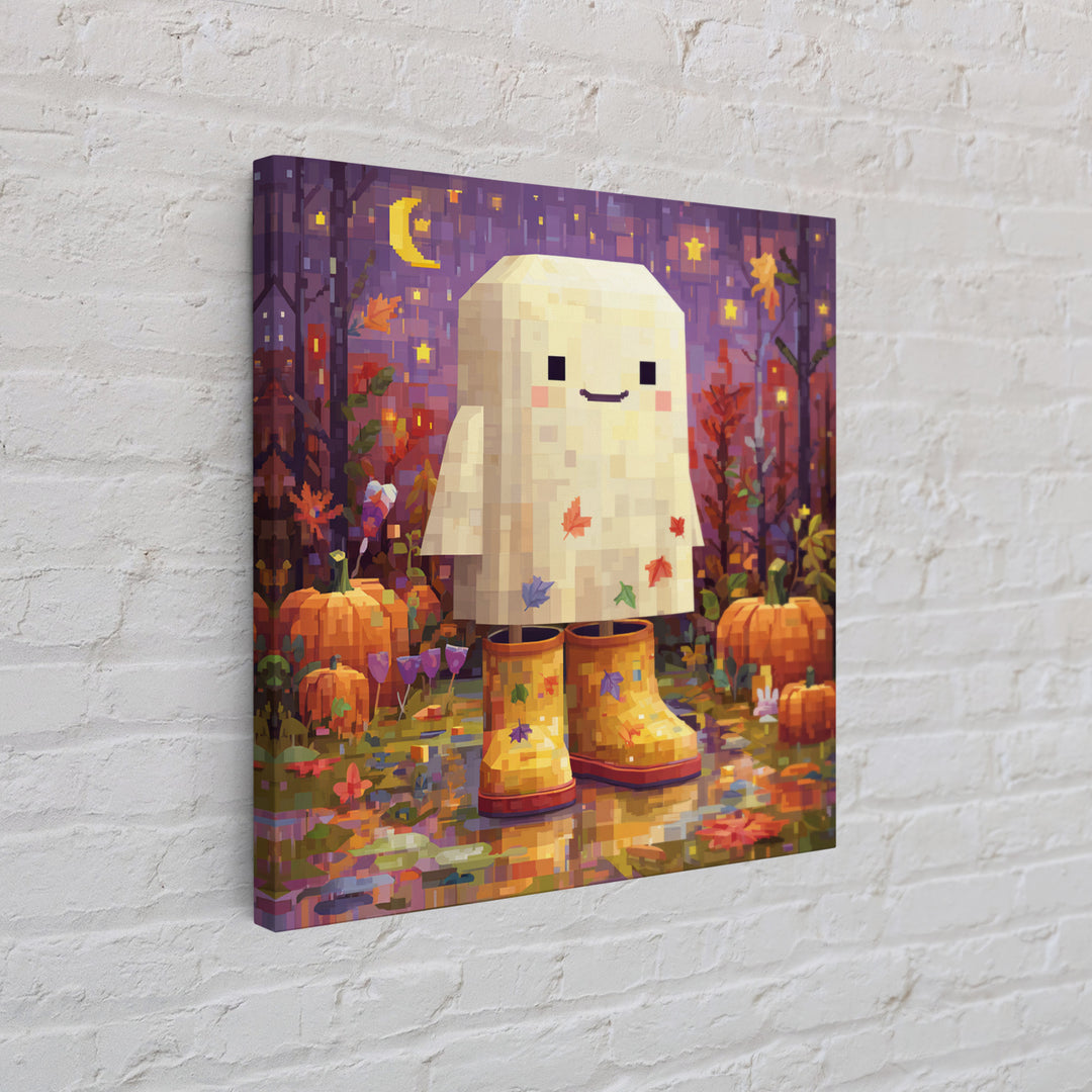The Ghost In Rain Boots, Pixel Halloween Art, Square Wall Art, Canvas Print, Cute Halloween Wall Art