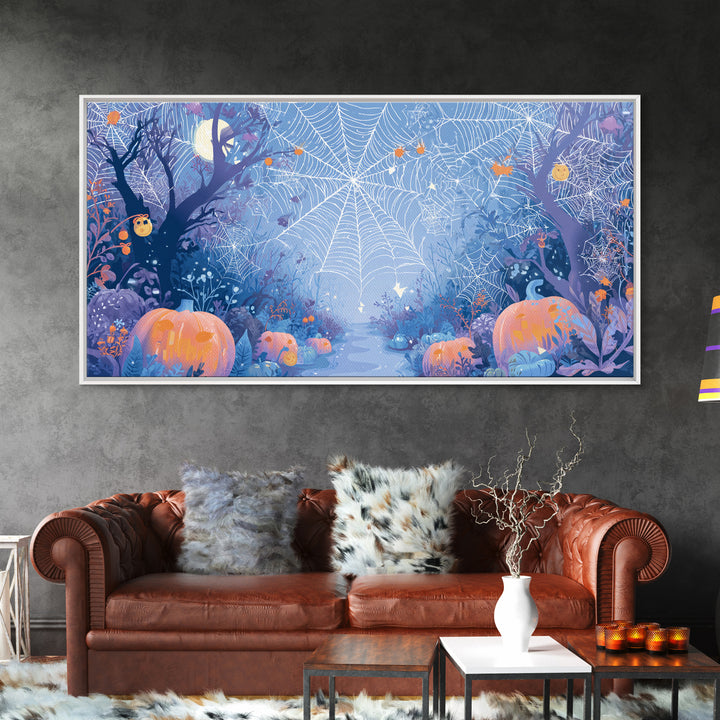 The Great Cobweb Knitting Contest, Vector Halloween Art, Wide Panoramic Art, Framed Canvas Print, Cute Halloween Wall Art