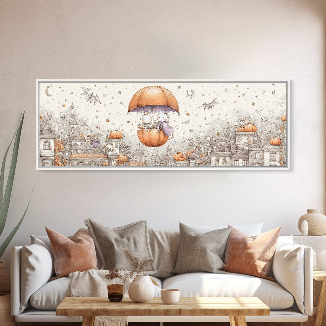 The Enchanted Umbrella Adventure, Hand Sketch Halloween Art, Extra Wide Wall Art, Canvas Print, Cute Halloween Wall Art