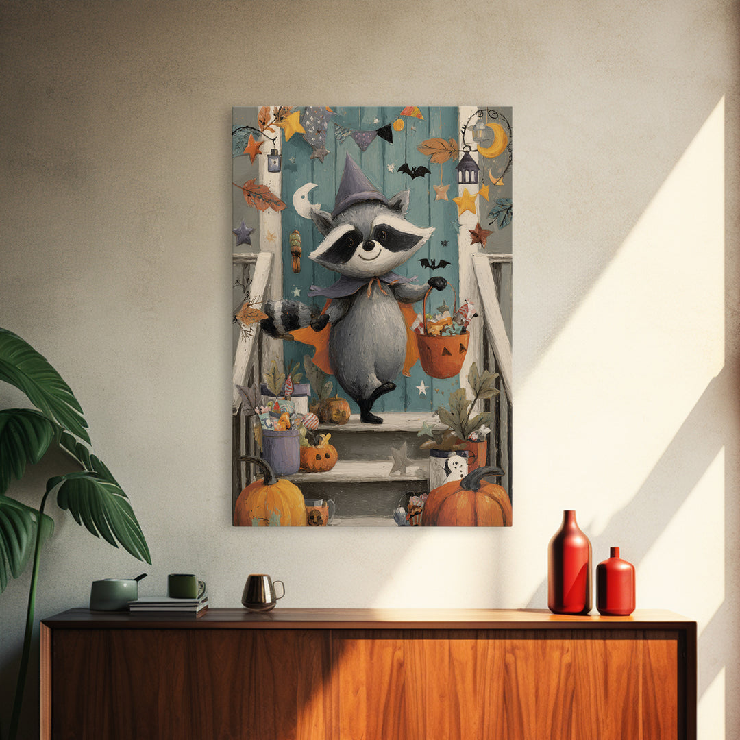 The Raccoon Trick-Or-Treater, Gouache Halloween Art, Vertical Wall Art, Canvas Print, Cute Halloween Wall Art