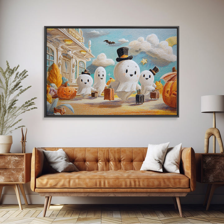 The Friendly Ghost Hotel, Crayon Halloween Art, Landscape Wall Art, Framed Canvas Print, Cute Halloween Wall Art