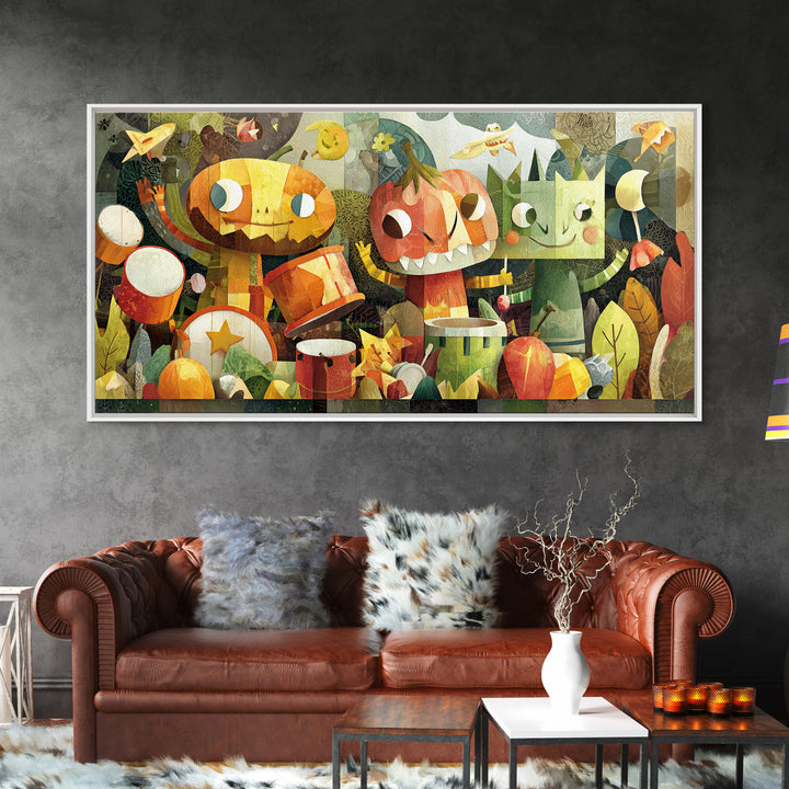 The Little Monster Orchestra, Paper Collage Halloween, Wide Panoramic Art, Framed Canvas Print, Cute Halloween Wall Art