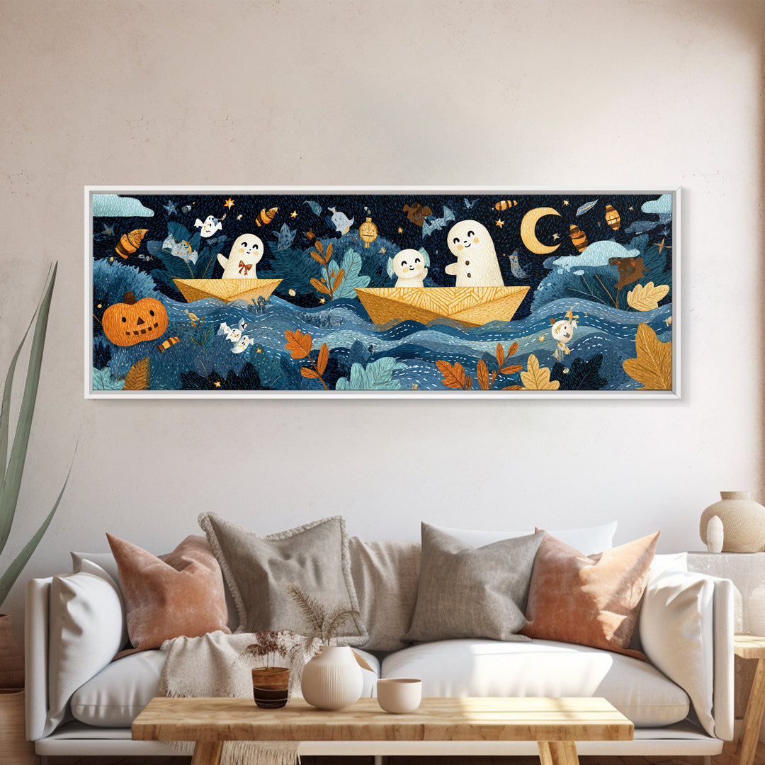 The Golden Leaf River, Felt Halloween Art, Extra Wide Wall Art, Canvas Print, Cute Halloween Wall Art, Storybook Decor